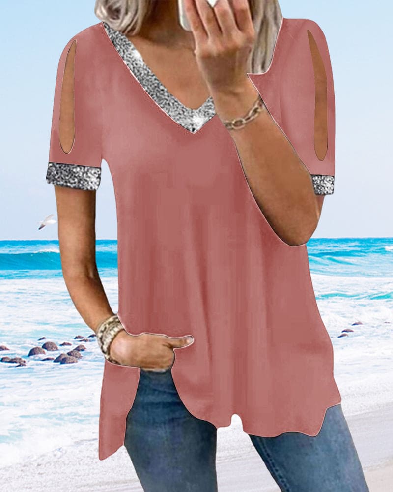 Mirthe | T-shirt met blote schouders en pailletten in een egale kleur