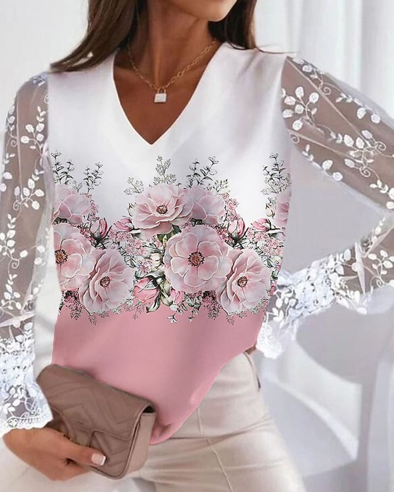 Fleur | Elegante blouse met kanten mouwen met bloemmotief