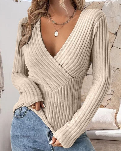 Hanna | Geribbelde trui in een effen kleur met een V-hals